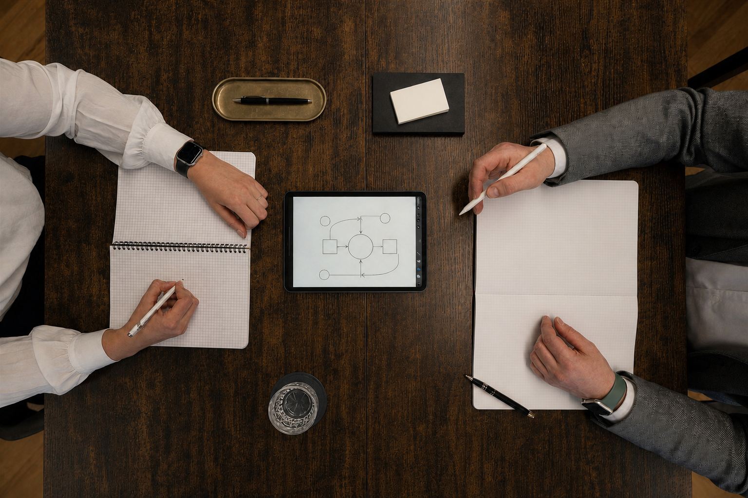 Arbeitssituation von oben: Notizen und ein Prozessdiagramm auf dem Tablet (Szene und Hintergrund KI-bearbeitet)